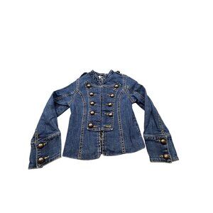 Girls Place Premium Denim Military Style Jacket Small 5/6 Leopard Print Lining